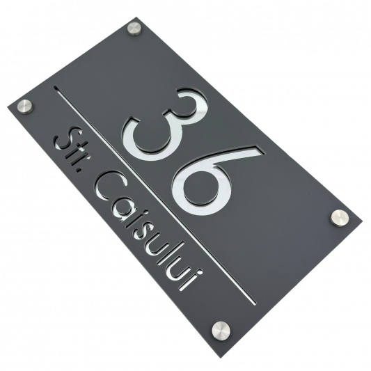 NUMAR CASA PREMIUM - Gri Satinat / Argintiu Oglinda / 4 Distantieri Argintii - 28x15cm