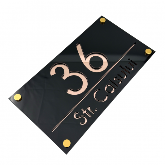 NUMAR CASA PREMIUM - Negru Lucios / Roze Auriu Oglinda / 4 Distantieri Aurii - 28x15cm