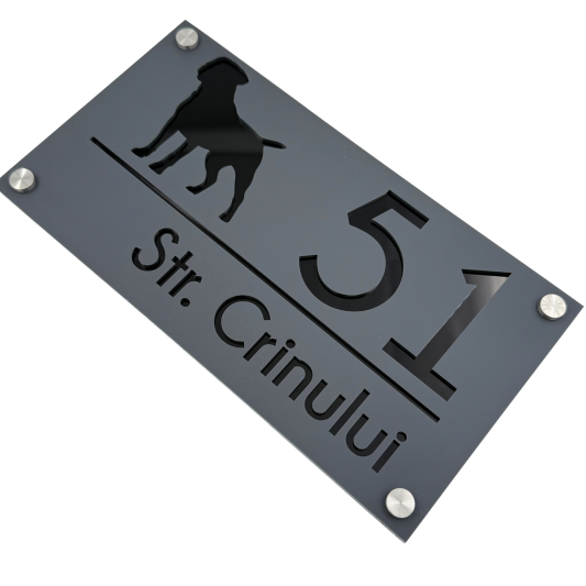 NUMAR CASA PREMIUM - Gri Satinat / Negru Lucios / 4 Distantieri Argintii - 28x15cm