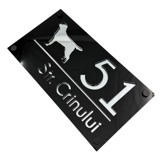 NUMAR CASA PREMIUM - Negru Lucios / Argintiu Oglinda / 4 Distantieri Negrii - 28x15cm
