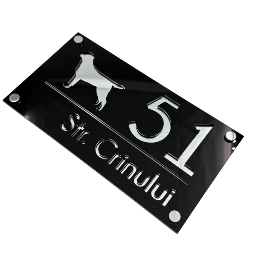 NUMAR CASA PREMIUM - Negru Lucios / Argintiu Oglinda / 4 Distantieri Argintii - 28x15cm