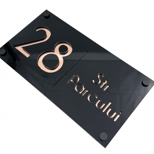 NUMAR CASA PREMIUM - Negru Lucios / Roze Auriu Oglinda / 4 Distantieri Negrii - 28x15cm
