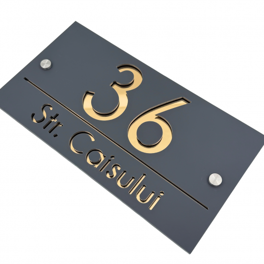 NUMAR CASA PREMIUM - Gri Satinat / Auriu Oglinda / 2 Distantieri Argintii - 28x15cm