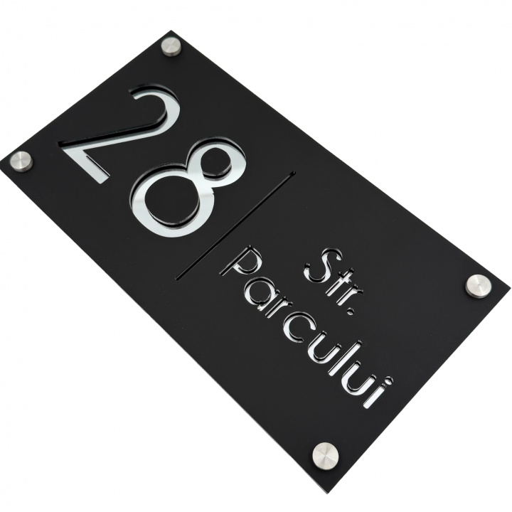NUMAR CASA PREMIUM - Negru Satinat / Argintiu Oglinda / 4 Distantieri Argintii - 28x15cm