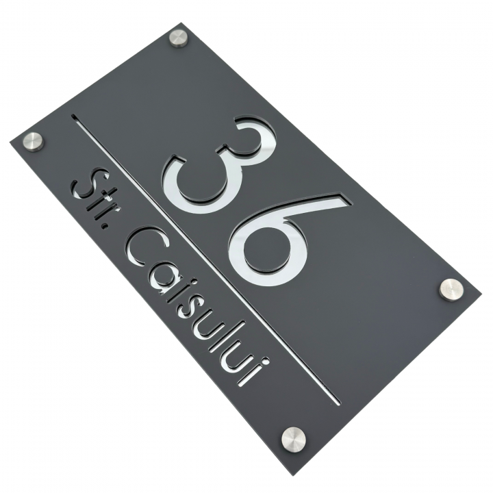 NUMAR CASA PREMIUM - Gri Satinat / Argintiu Oglinda / 4 Distantieri Argintii - 28x15cm
