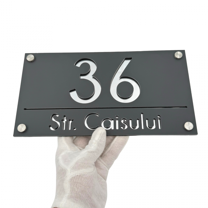 NUMAR CASA PREMIUM - Gri Satinat / Argintiu Oglinda / 4 Distantieri Argintii - 28x15cm