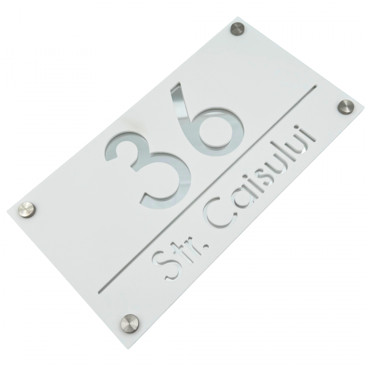 NUMAR CASA PREMIUM - Alb Satinat / Argintiu Oglinda / 4 Distantieri Argintii - 28x15cm