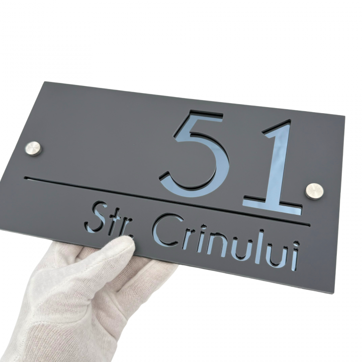 NUMAR CASA PREMIUM - Gri Satinat / Gri Antracit Oglinda / 2 Distantieri Argintii - 28x15cm