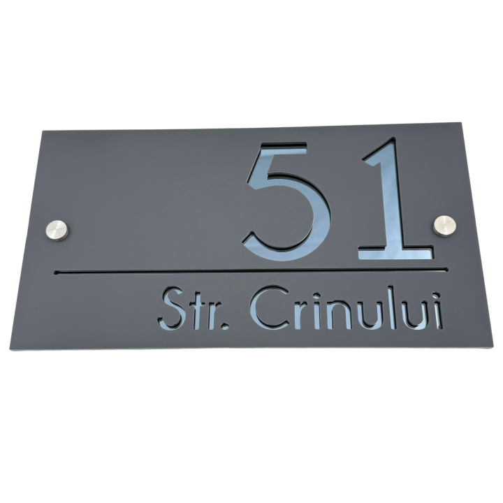 NUMAR CASA PREMIUM - Gri Satinat / Gri Antracit Oglinda / 2 Distantieri Argintii - 28x15cm