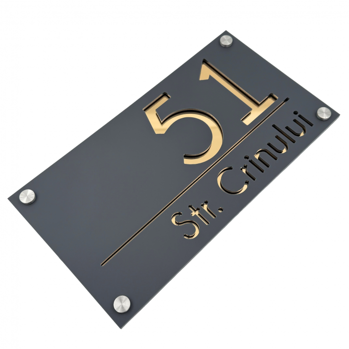 NUMAR CASA PREMIUM - Gri Satinat / Auriu Oglinda / 4 Distantieri Argintii - 28x15cm