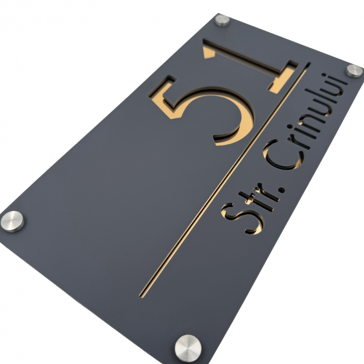 NUMAR CASA PREMIUM - Gri Satinat / Auriu Oglinda / 4 Distantieri Argintii - 28x15cm