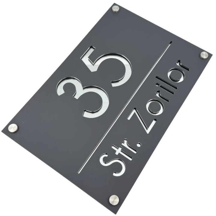 NUMAR CASA PREMIUM - Gri Satinat / Argintiu Oglinda / 4 Distantieri Argintii - 30x20cm