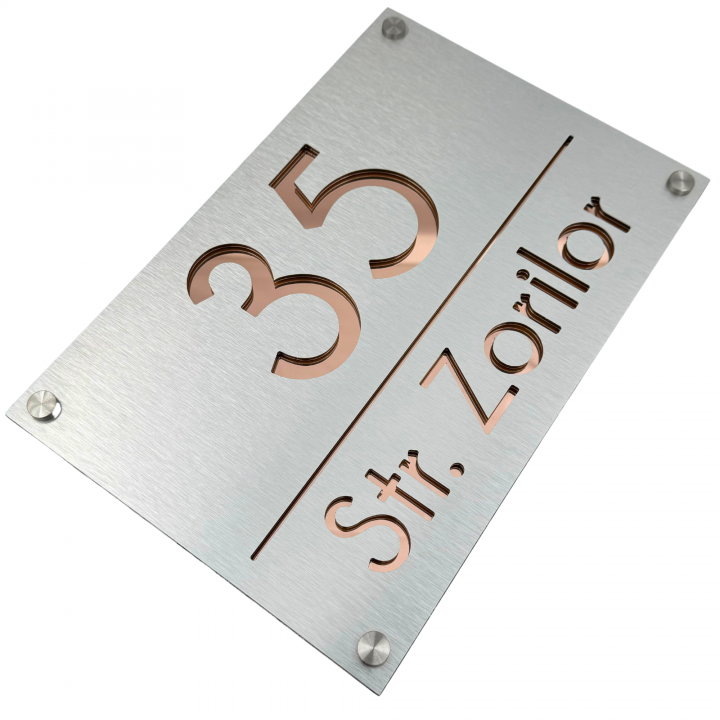 NUMAR CASA PREMIUM - Gri Periat / Roze Auriu Oglinda / 4 Distantieri Argintii - 30x20cm