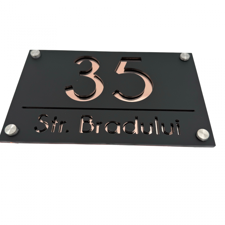 NUMAR CASA PREMIUM - Negru Satinat / Roze Auriu Oglinda / 4 Distantieri Argintii - 24x15cm
