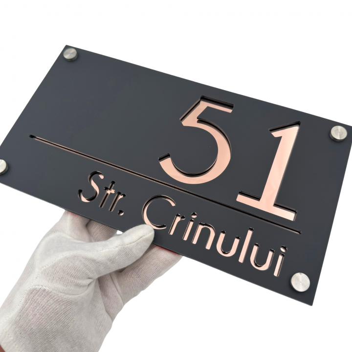 NUMAR CASA PREMIUM - Gri Satinat / Oglinda Roze Auriu / 4 Distantieri Argintii - 28x15cm