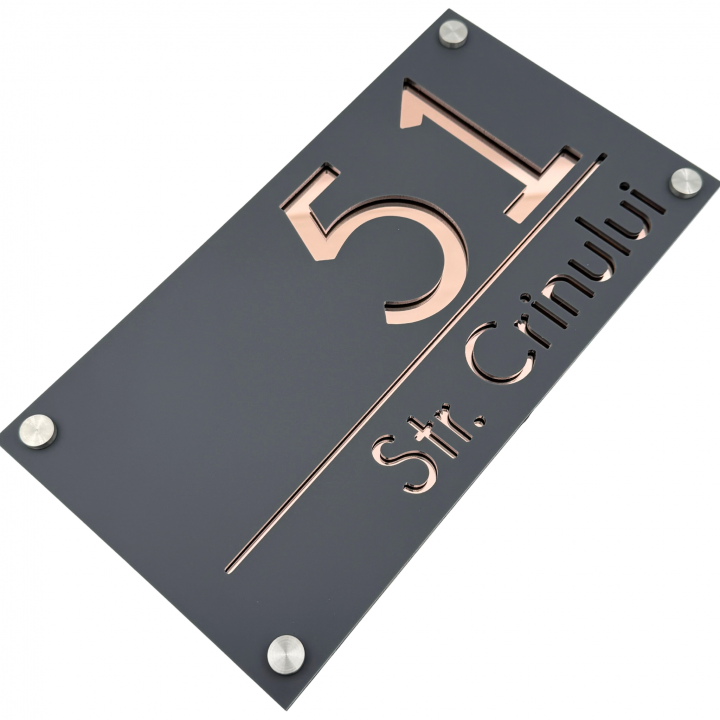 NUMAR CASA PREMIUM - Gri Satinat / Oglinda Roze Auriu / 4 Distantieri Argintii - 28x15cm
