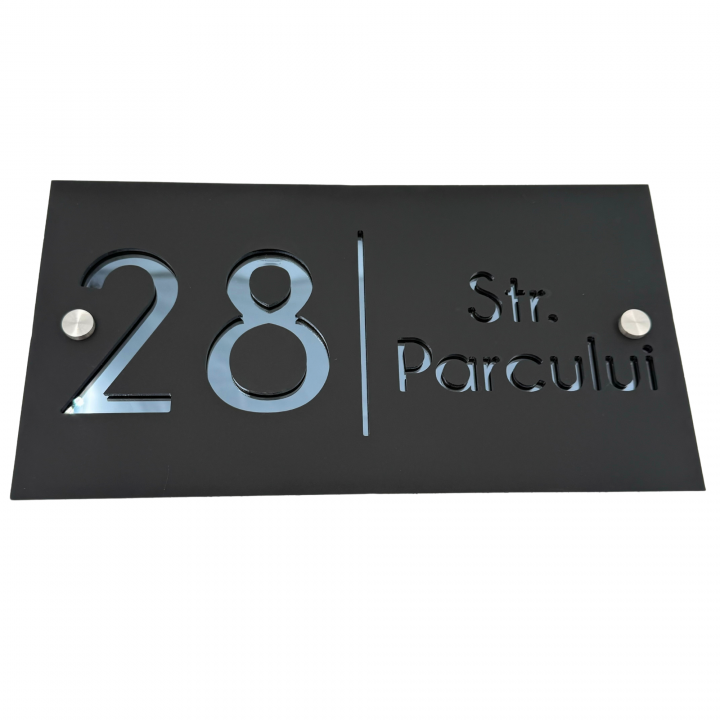 NUMAR CASA PREMIUM - Negru Satinat / Gri Antracit Oglinda / 2 Distantieri Argintii - 28x15cm