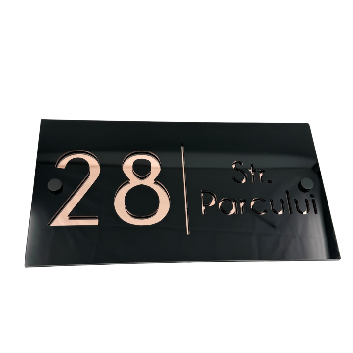 NUMAR CASA PREMIUM - Negru Lucios / Roze Auriu Oglinda/ 2 Distantieri Negrii - 28x15cm