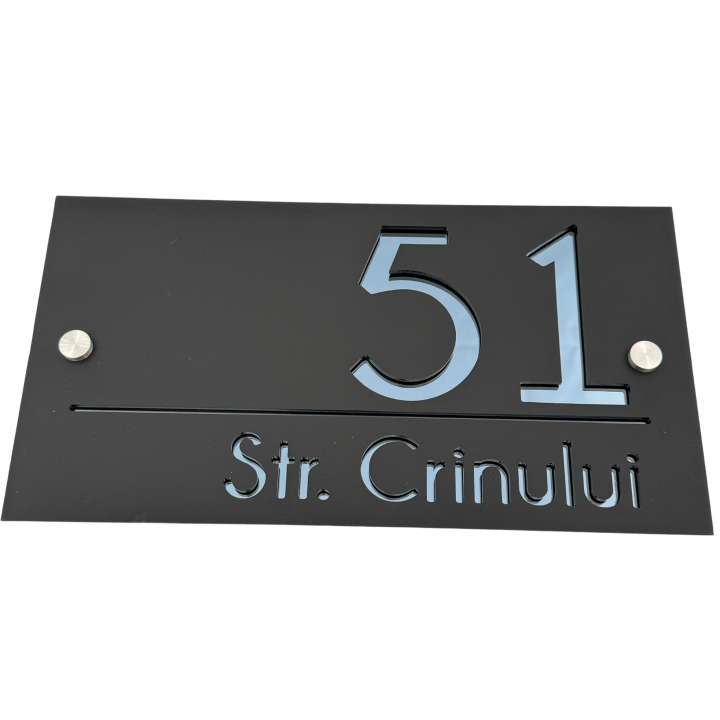NUMAR CASA PREMIUM - Negru Satinat / Gri Antracit Oglinda / 2 Distantieri Argintii - 28x15cm