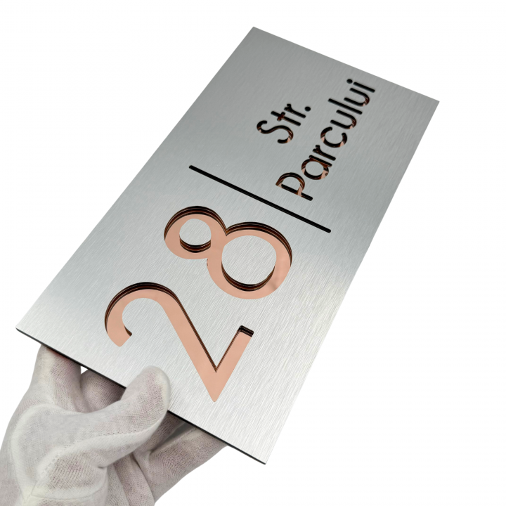 NUMAR CASA PREMIUM - Aluminiu Periat / Roze Auriu Oglinda - 28x15cm
