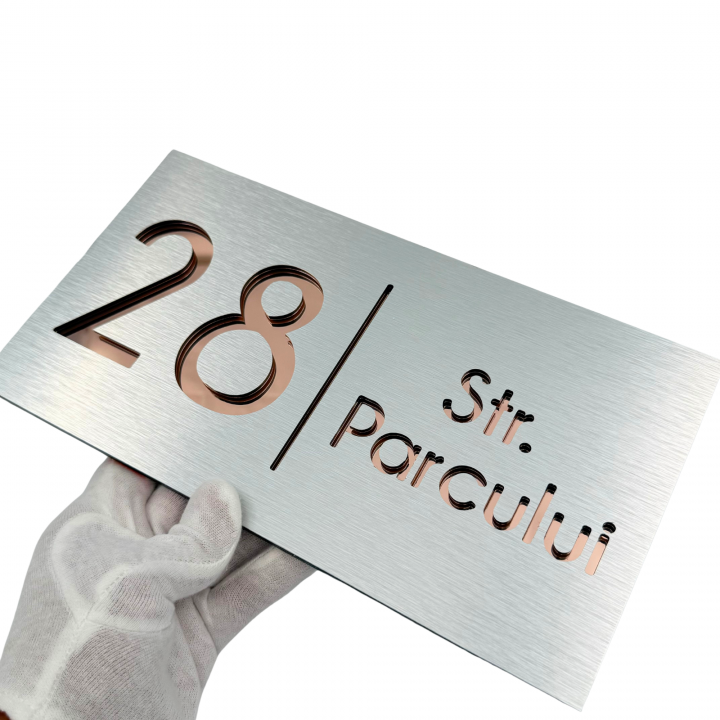NUMAR CASA PREMIUM - Aluminiu Periat / Roze Auriu Oglinda - 28x15cm