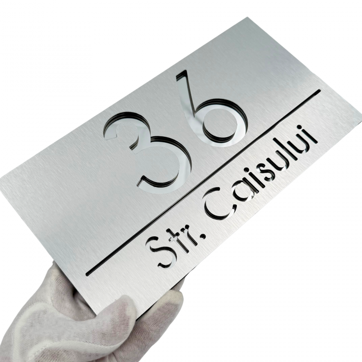 NUMAR CASA PREMIUM - Aluminiu Periat / Argintiu Oglinda - 28x15cm