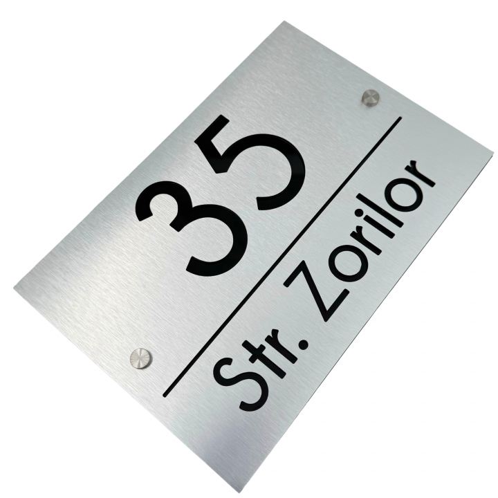 NUMAR CASA PREMIUM - Aluminiu Periat / Negru Lucios / 2 Distantieri Argintii - 30x20cm