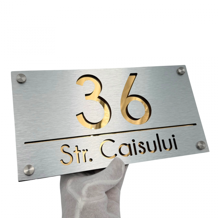 NUMAR CASA PREMIUM - Aluminiu Periat / Auriu Oglinda / 4 Distantieri Argintii - 28x15cm