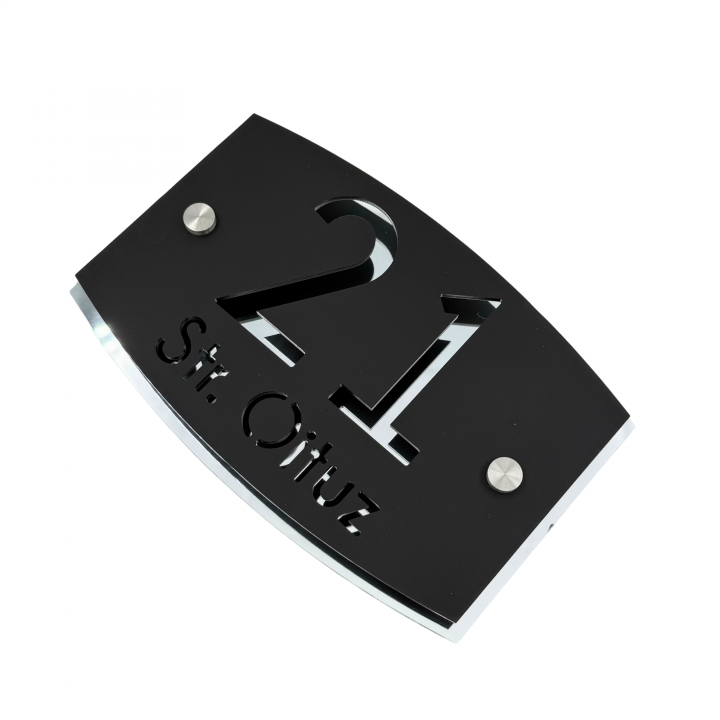 NUMAR CASA PREMIUM - Negru Satinat / Aluminiu Argintiu Oglinda / 2 Distantieri Argintii - 20x13cm