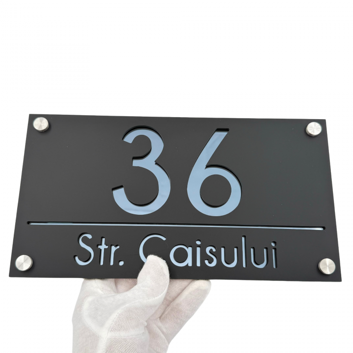 NUMAR CASA PREMIUM - Negru Satinat / Gri Antracit Oglinda / 4 Distantieri Argintii - 28x15cm