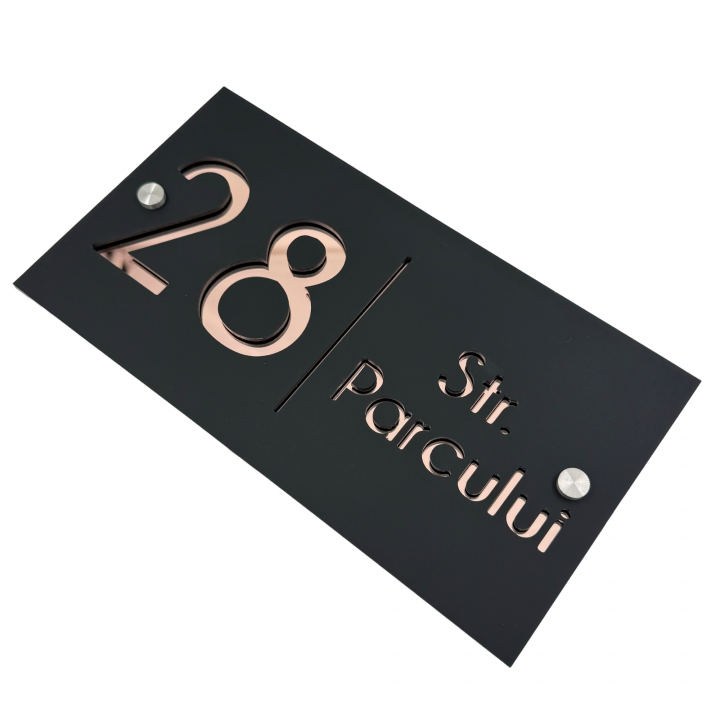 NUMAR CASA PREMIUM - Negru Satinat / Roze Auriu Oglinda / 2 Distantieri Argintii - 28x15cm