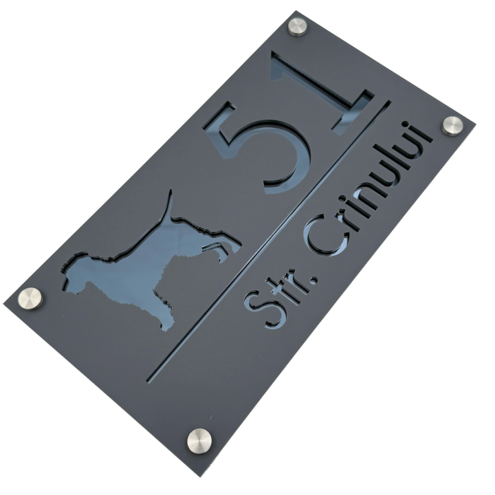NUMAR CASA PREMIUM - Gri Satinat / Gri Antracit Oglinda / 4 Distantieri Argintii - 28x15cm