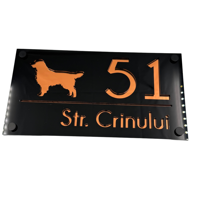 NUMAR CASA PREMIUM - Negru Lucios / Cupru Oglinda / 4 Distantieri Argintii - 28x15cm