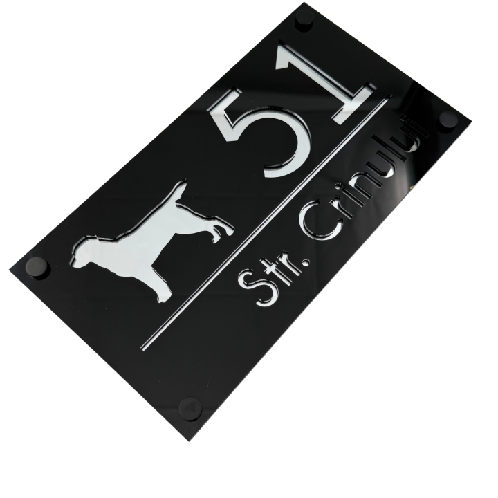 NUMAR CASA PREMIUM - Negru Lucios / Argintiu Oglinda / 4 Distantieri Negrii - 28x15cm