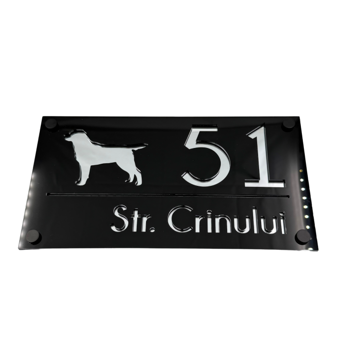 NUMAR CASA PREMIUM - Negru Lucios / Argintiu Oglinda / 4 Distantieri Negrii - 28x15cm