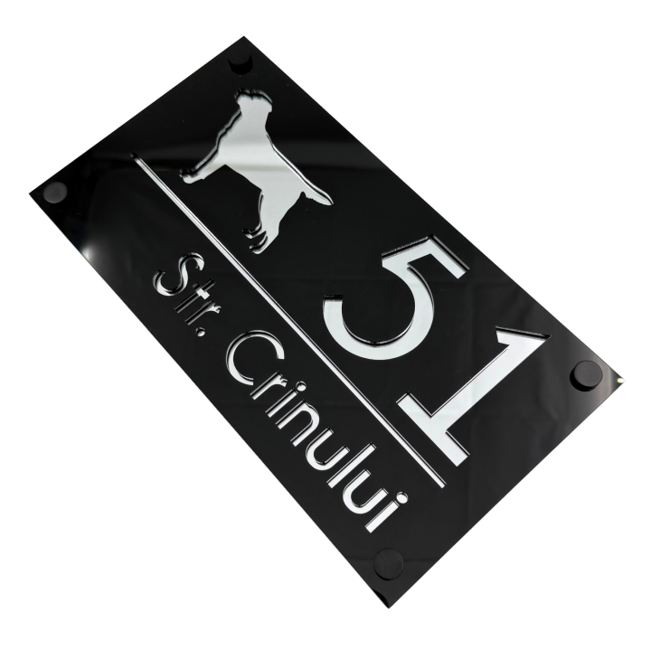 NUMAR CASA PREMIUM - Negru Lucios / Argintiu Oglinda / 4 Distantieri Negrii - 28x15cm