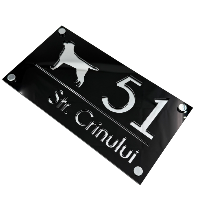 NUMAR CASA PREMIUM - Negru Lucios / Argintiu Oglinda / 4 Distantieri Argintii - 28x15cm