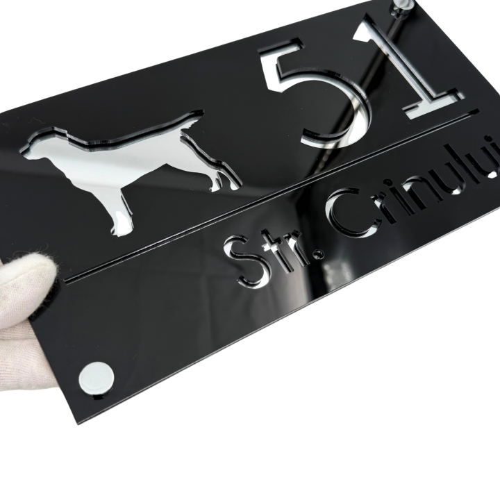 NUMAR CASA PREMIUM - Negru Lucios / Argintiu Oglinda / 4 Distantieri Argintii - 28x15cm