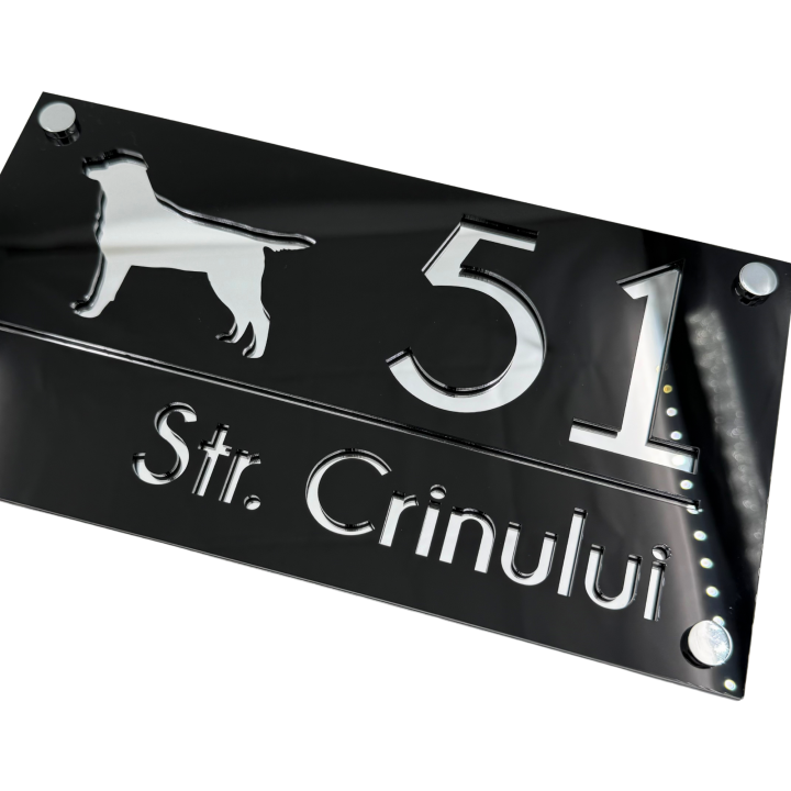 NUMAR CASA PREMIUM - Negru Lucios / Argintiu Oglinda / 4 Distantieri Argintii - 28x15cm