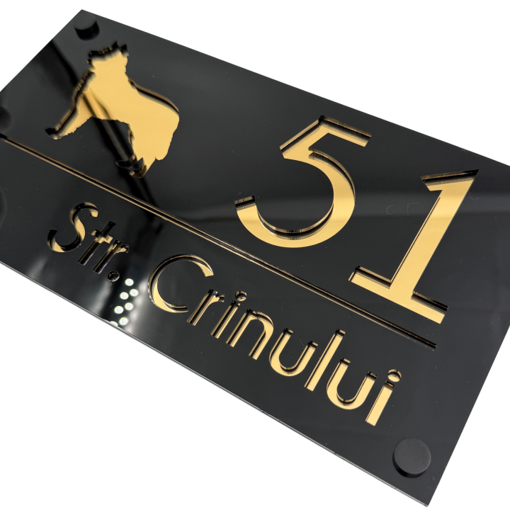 NUMAR CASA PREMIUM - Negru Lucios / Auriu Oglinda/ 4 Distantieri Negrii - 28x15cm