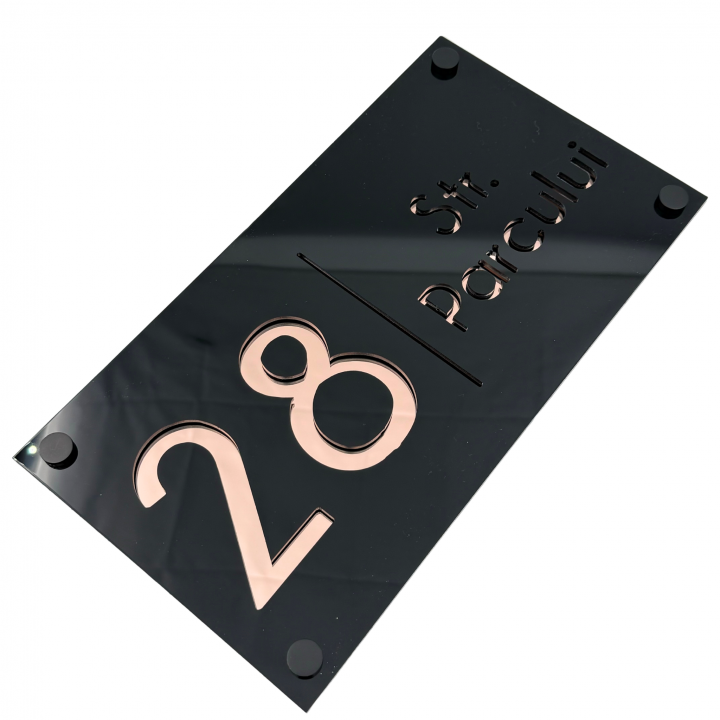 NUMAR CASA PREMIUM - Negru Lucios / Roze Auriu Oglinda / 4 Distantieri Negrii - 28x15cm
