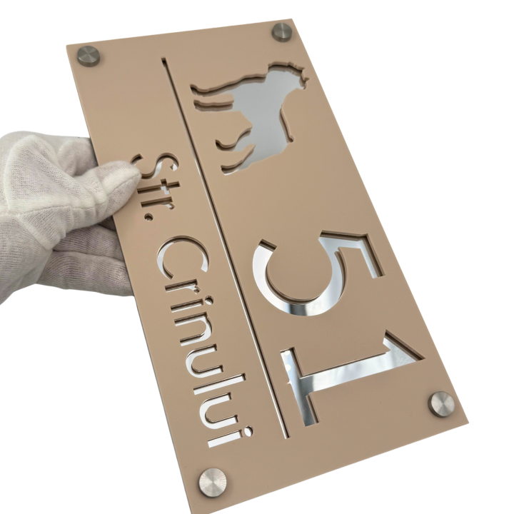 NUMAR CASA PREMIUM - Crem Satinat / Argintiu Oglinda / 4 Distantieri Argintii - 28x15cm