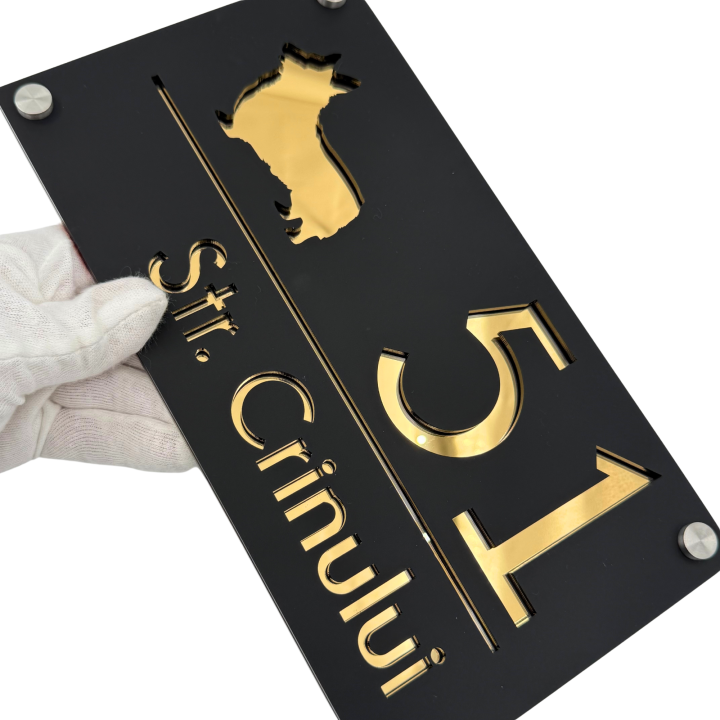 NUMAR CASA PREMIUM - Negru Satinat / Auriu Oglinda / 4 Distantieri Argintii - 28x15cm