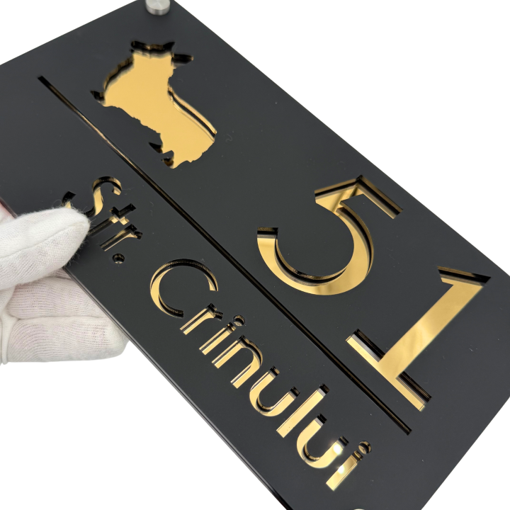 NUMAR CASA PREMIUM - Negru Satinat / Auriu Oglinda / 4 Distantieri Argintii - 28x15cm