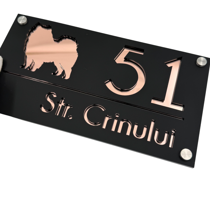 NUMAR CASA PREMIUM - Negru Satinat / Roze Auriu Oglinda / 4 Distantieri Argintii - 28x15cm