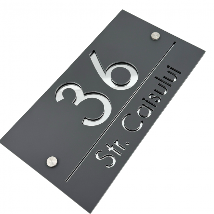 NUMAR CASA PREMIUM - Gri Satinat / Argintiu Oglinda / 2 Distantieri Argintii - 28x15cm