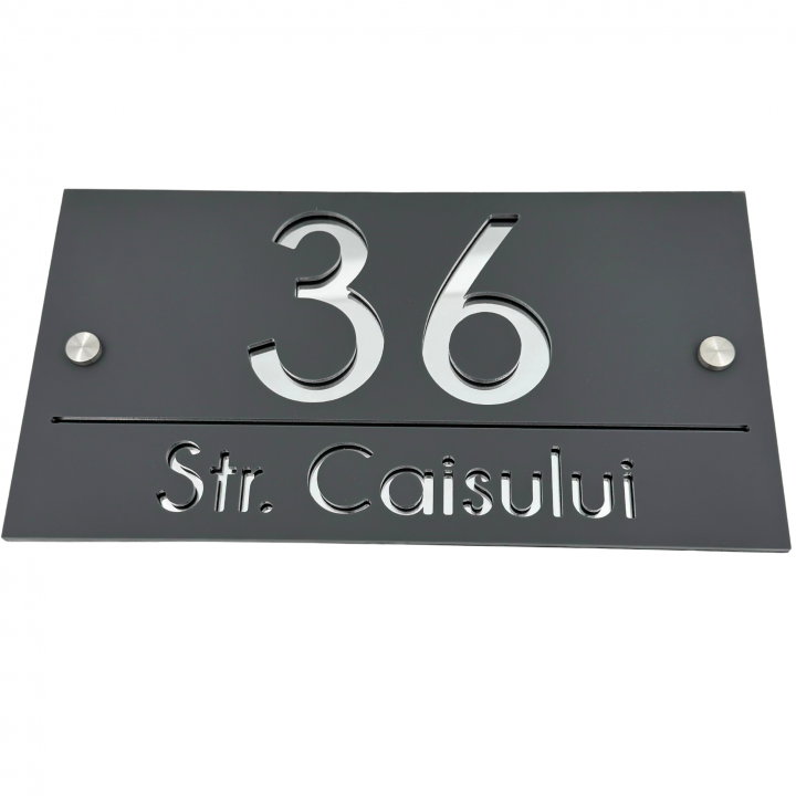 NUMAR CASA PREMIUM - Gri Satinat / Argintiu Oglinda / 2 Distantieri Argintii - 28x15cm