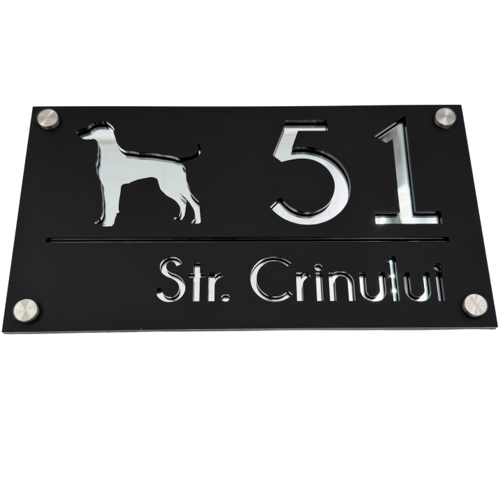 NUMAR CASA PREMIUM - Negru Satinat / Argintiu Oglinda / 4 Distantieri Argintii - 28x15cm