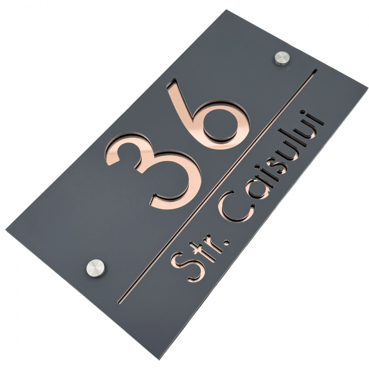 NUMAR CASA PREMIUM - Gri Satinat / Roze Auriu Oglinda / 2 Distantieri Argintii - 28x15cm