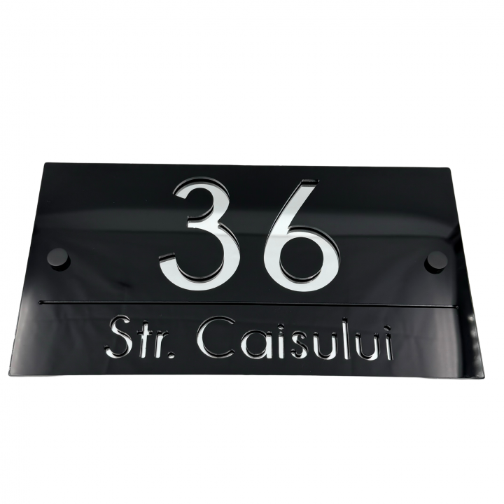 NUMAR CASA PREMIUM - Negru Lucios / Argintiu Oglinda / 2 Distantieri Negrii - 28x15cm